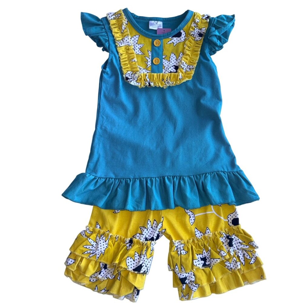 Girls 2-Piece Outfit Size 4/5 Teal Top & Yellow Ruffle Capri Set
